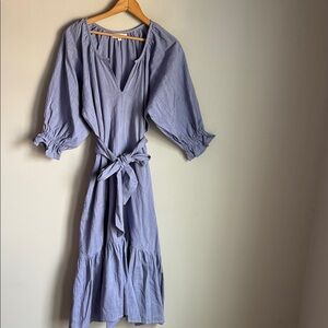 Heidi Wynne Linen Cotton Midi Dress with Tie Waist & Puff Sleeves